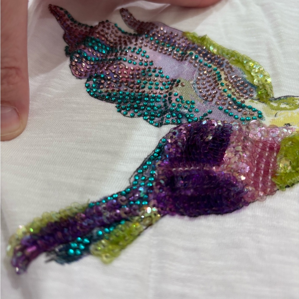 Krazy Kat White T-Shirt with Sequin Hummingbird L - Picture 4 of 5